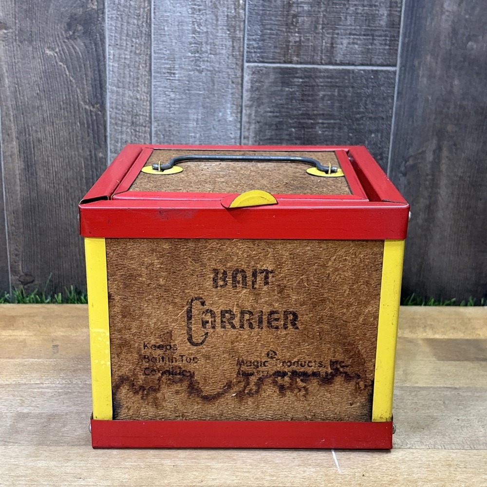 Vintage 1970s Magic Products Bait Carrier Red Yellow Metal Fishing Box